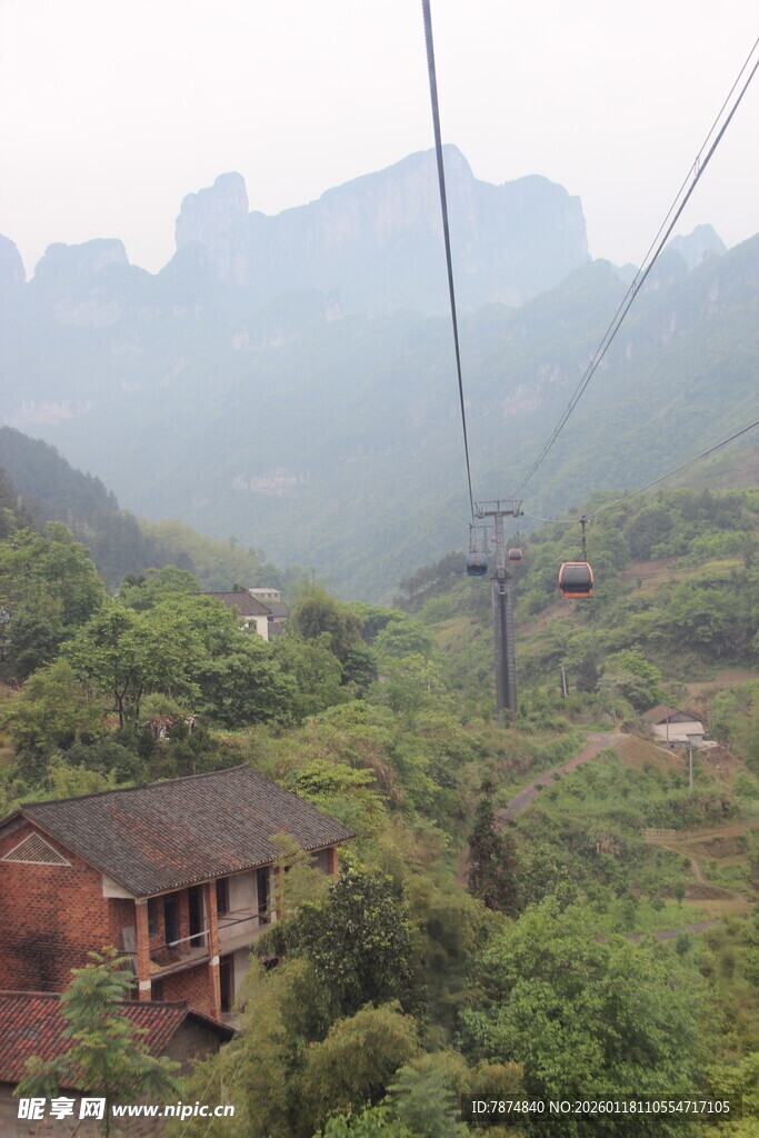 山间缆车穿梭于翠绿山林
