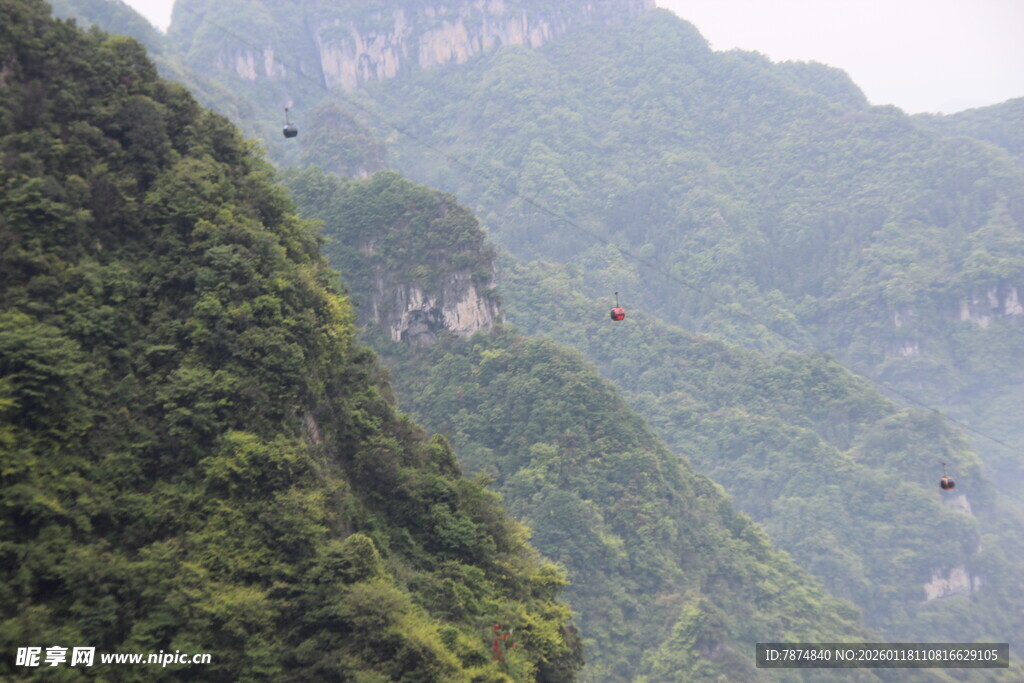 山间缆车穿梭于翠绿山峦
