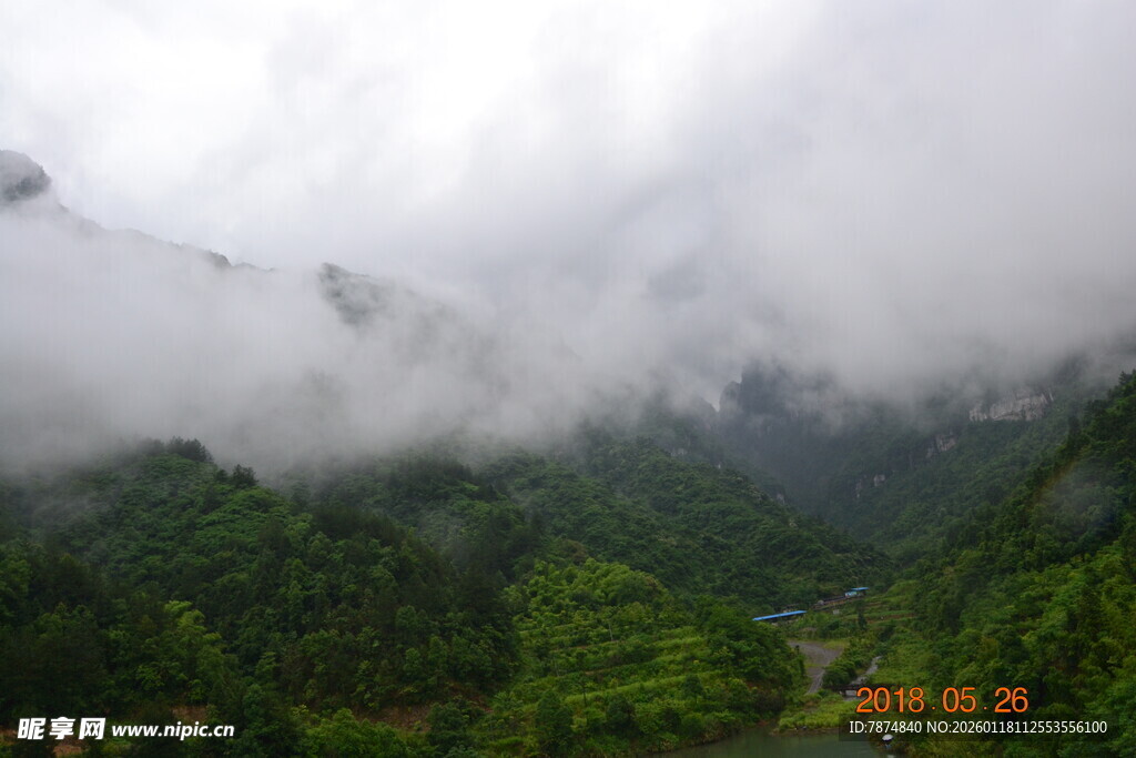 云雾缭绕的翠绿山间美景