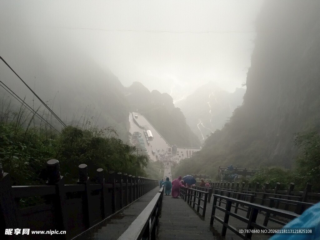 雾中栈道景色