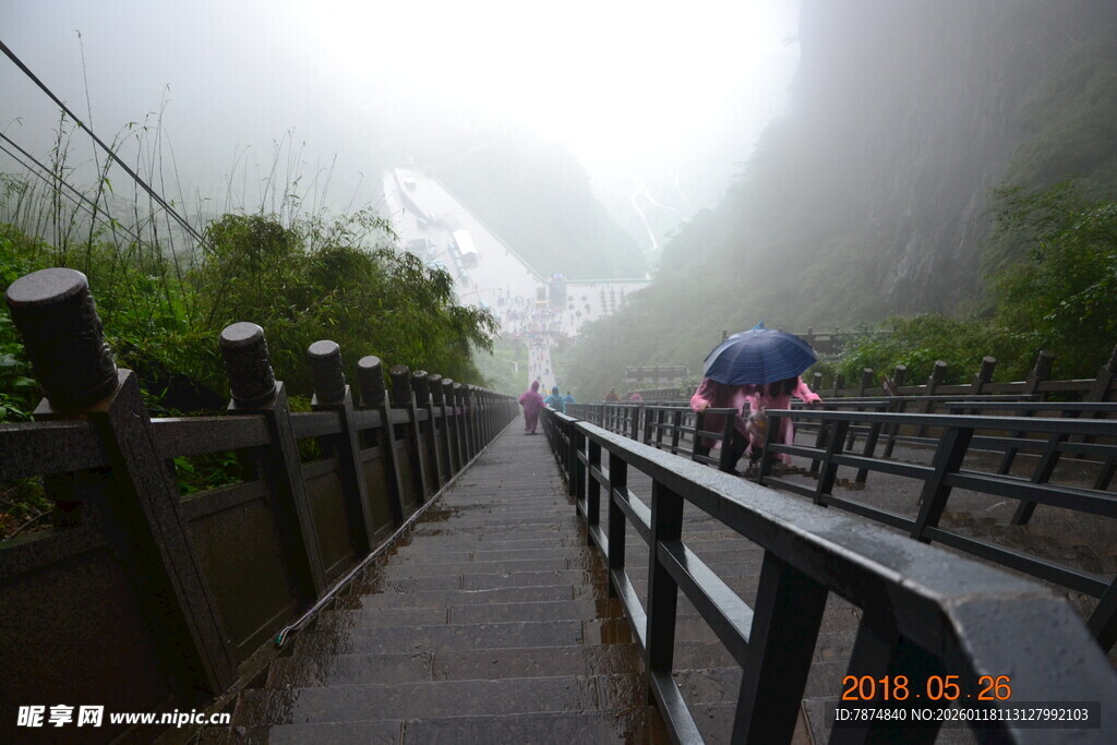 雾中栈道骑行者