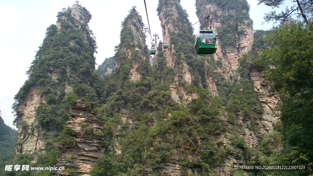 张家界奇峰间的缆车景观