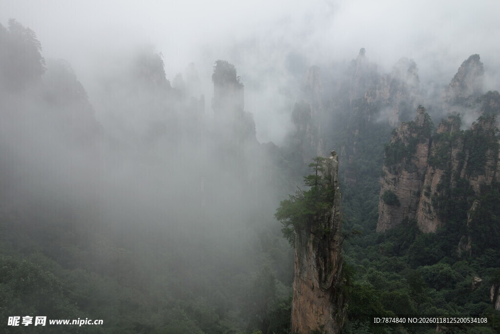 云雾缭绕的奇峰景观