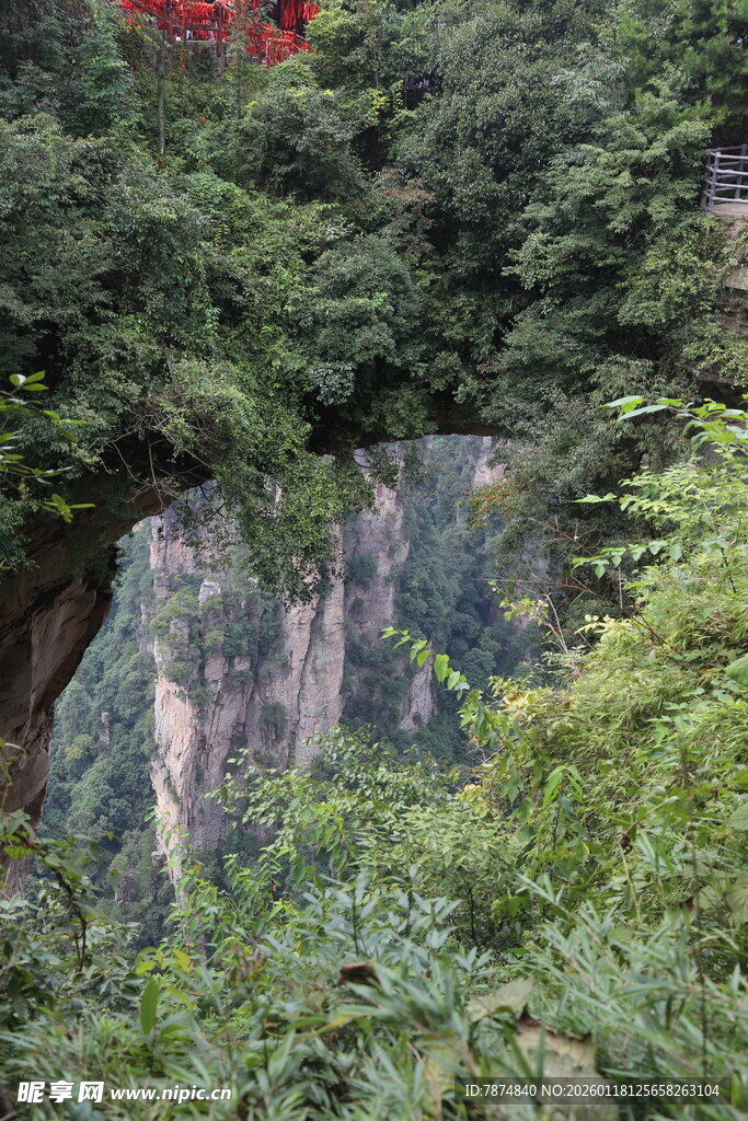 山间绿意中的壮丽岩石景观