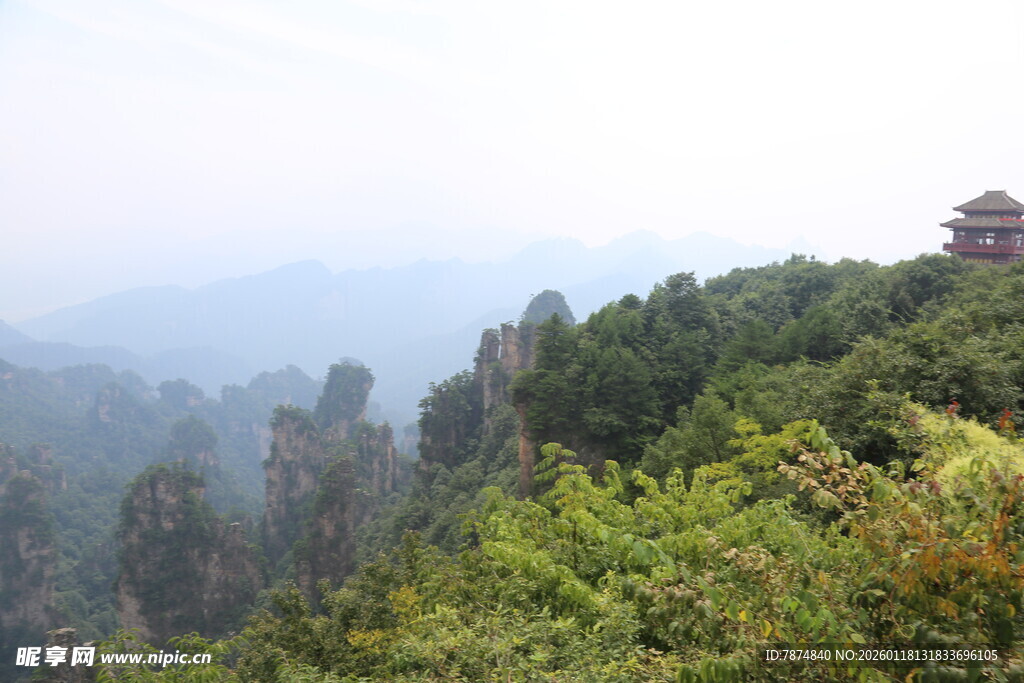 山间葱郁景 远处亭阁立