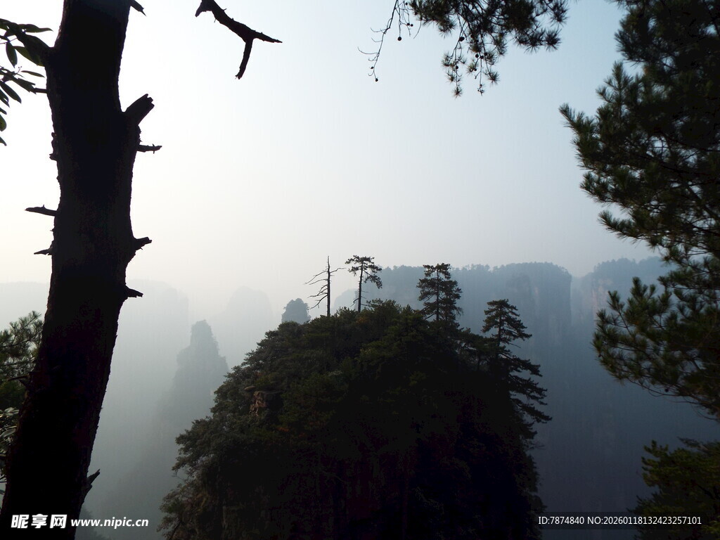 山间飞鸟与峻峭山峰