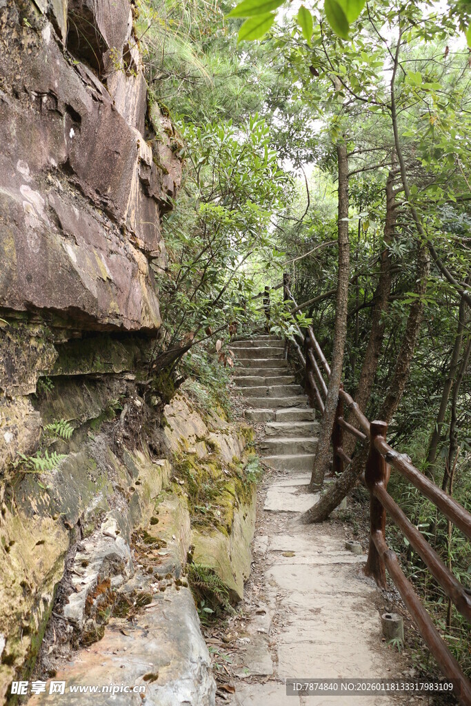 山间石阶小道 绿意环绕