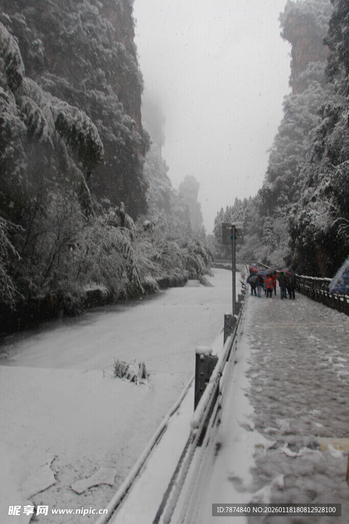 雪覆峡谷栈道的冬日景象