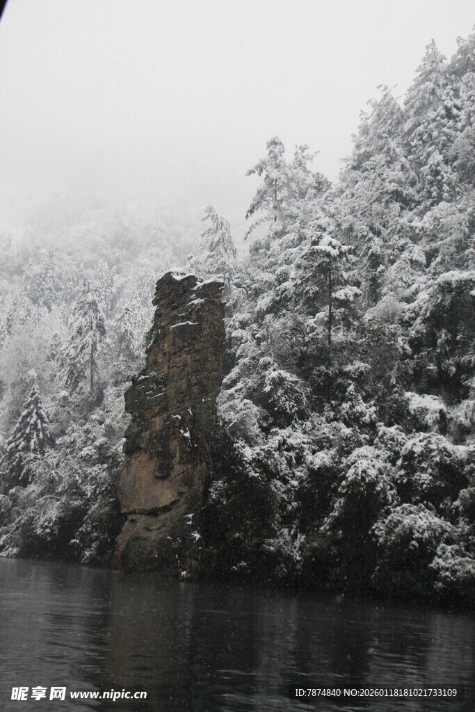 雪覆山林间的河畔岩石