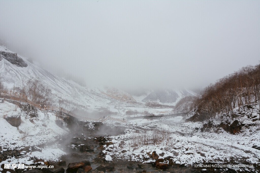 冬日雪景中的潺潺溪流