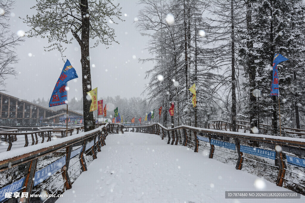 雪覆栈道 彩旗装点美景