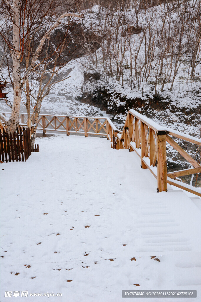 雪覆木桥 冬日静谧景致