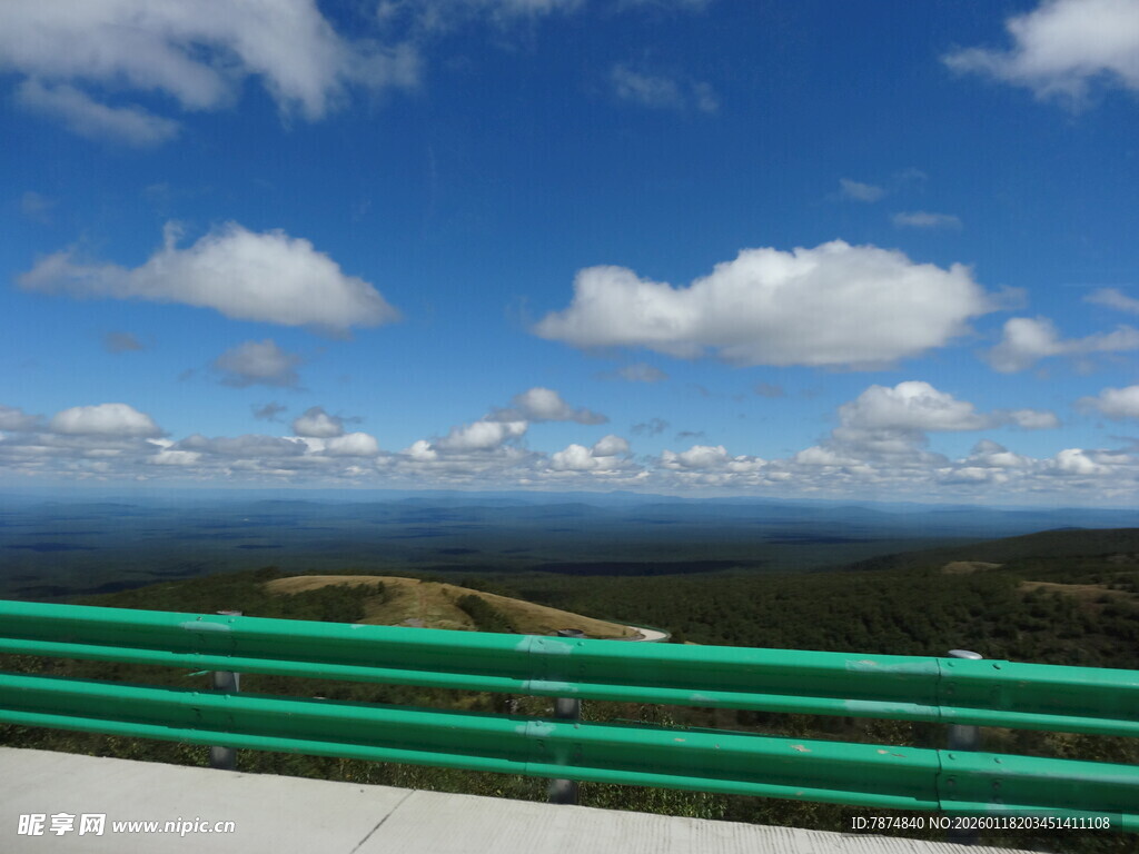 公路边的蓝天绿树美景