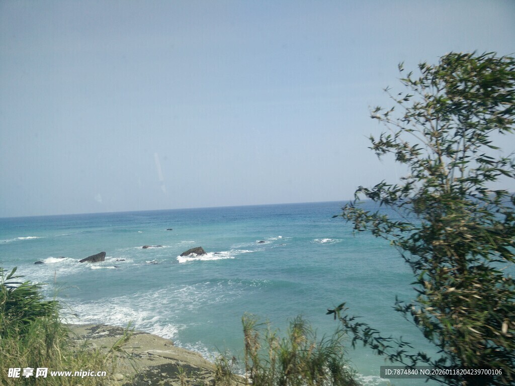 海边景致 绿树伴碧海蓝天