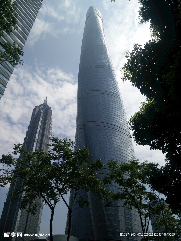 摩天大楼耸立城市绿树间