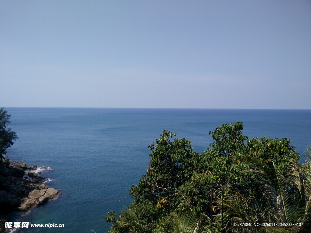 海岸绿树与辽阔蓝色海洋