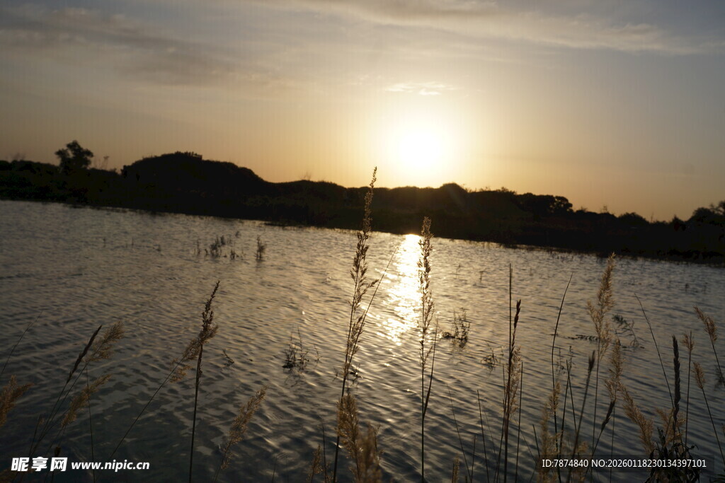 夕阳下的宁静水域风光
