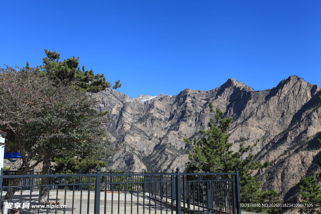 壮丽山景与蓝天绿树