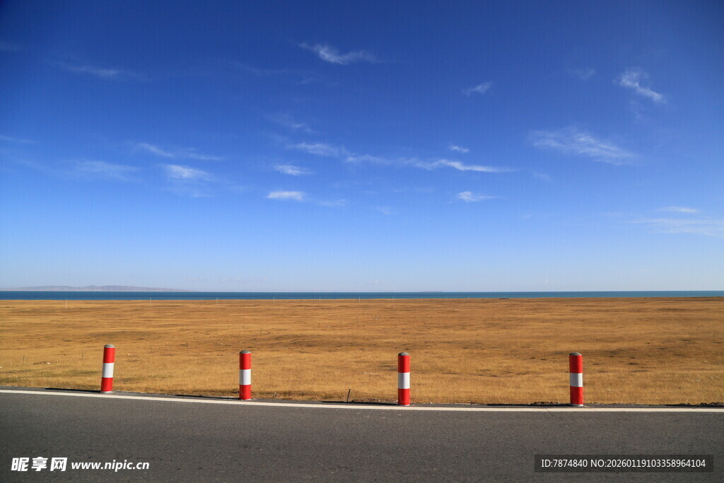 空旷公路旁的橙白警示桩