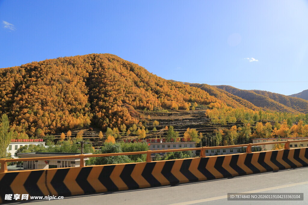 秋日公路旁的斑斓山色