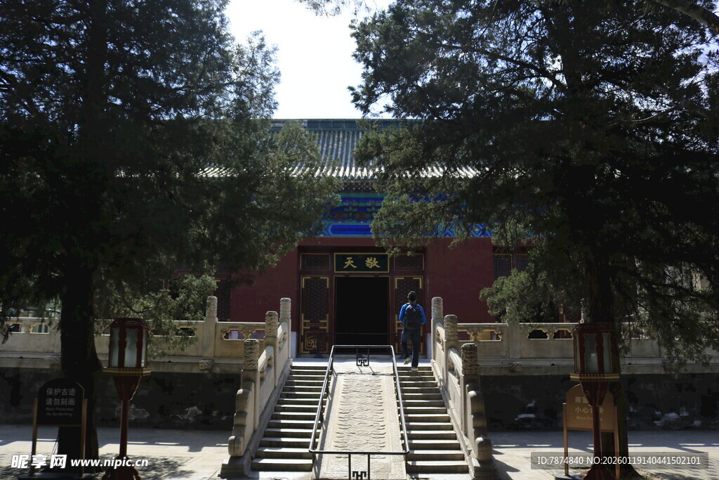 古建门前台阶与葱郁树木