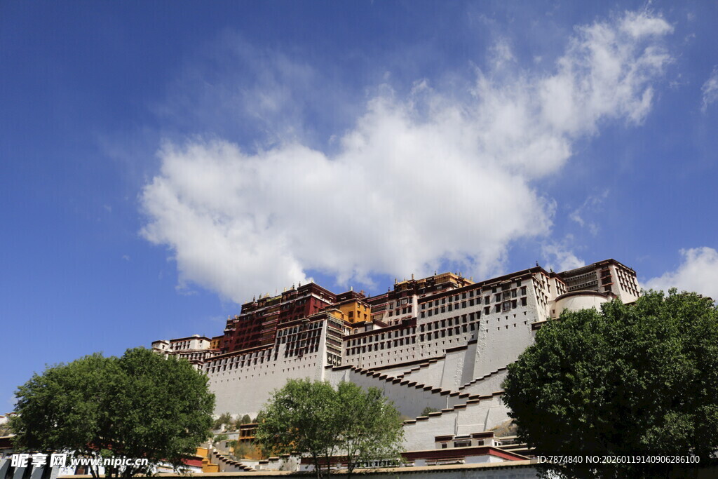 布达拉宫蓝天白云绿树景
