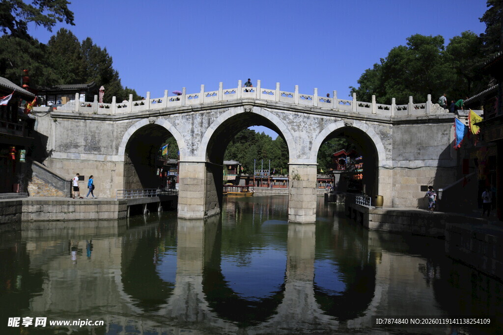 古桥横跨绿水映蓝天