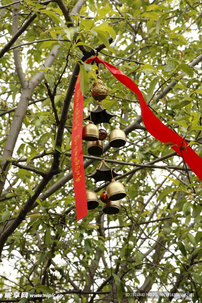 树上红绸系着多层塔铃