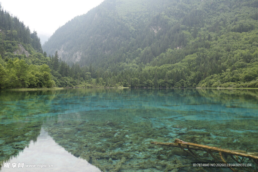 梦幻清澈的山间碧绿湖水