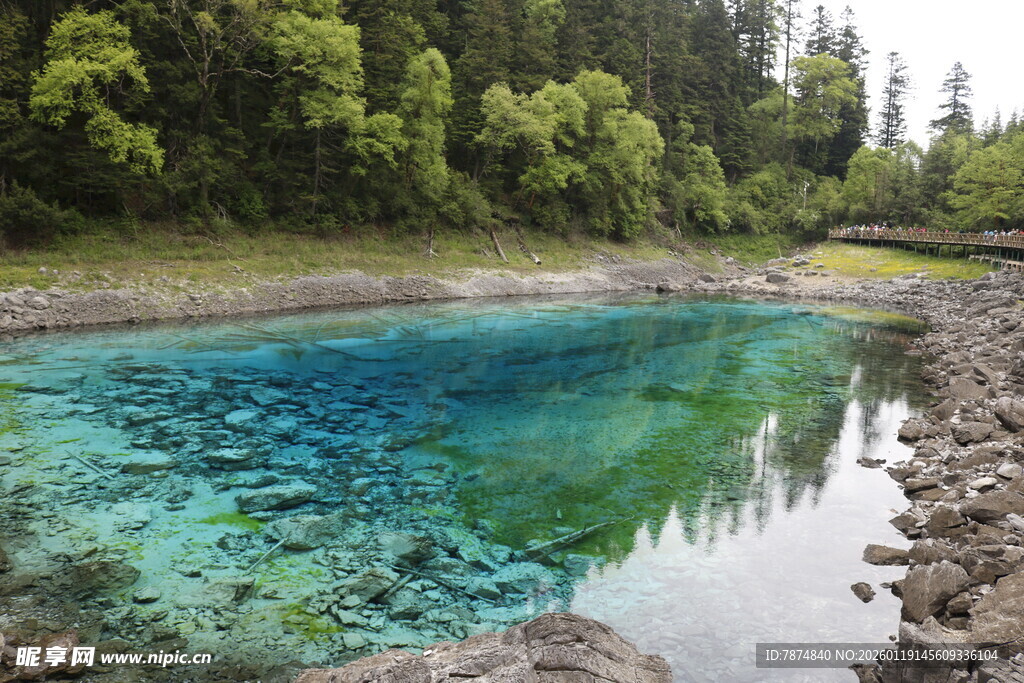 清澈蓝湖映山林美景