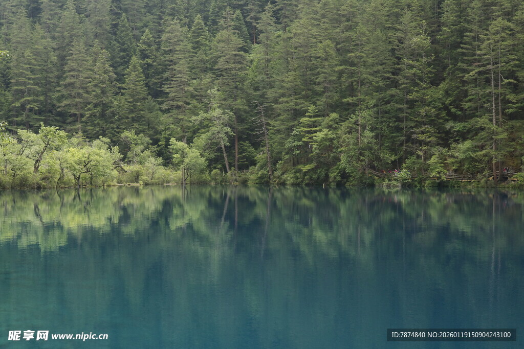 静谧山林中的幽蓝湖水