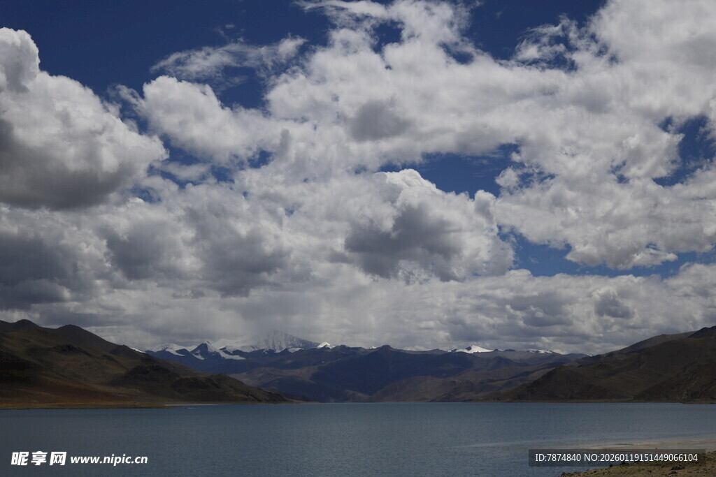 湖畔蓝天与白云美景