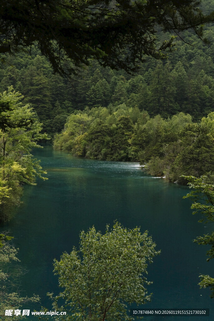 山间幽蓝河流与葱郁林木
