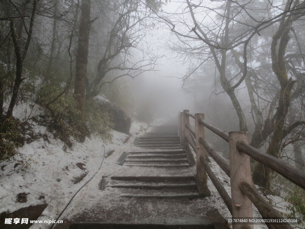 雾中雪覆木梯 山林幽景