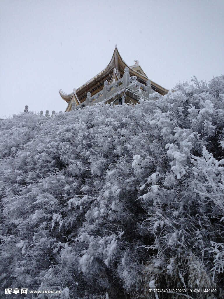 雪覆山林中的古朴建筑