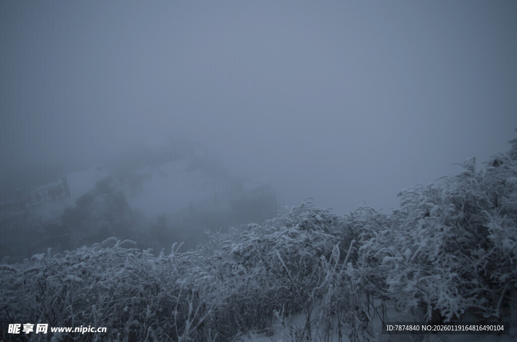 雾中覆雪山林美景