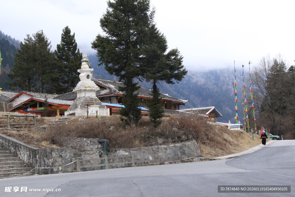 山间藏式建筑与白塔景观