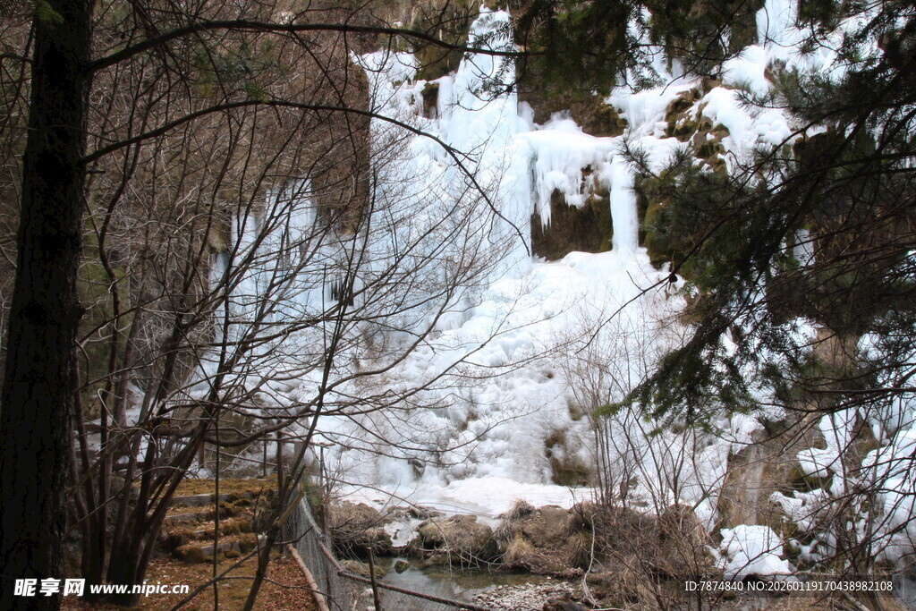 冬日林间覆雪栈道景观