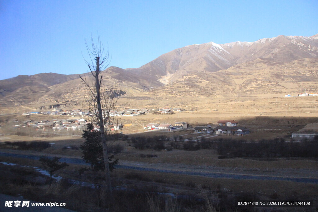 山间孤树与远处村落