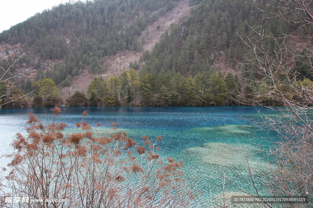 九寨沟蓝绿色湖水美景