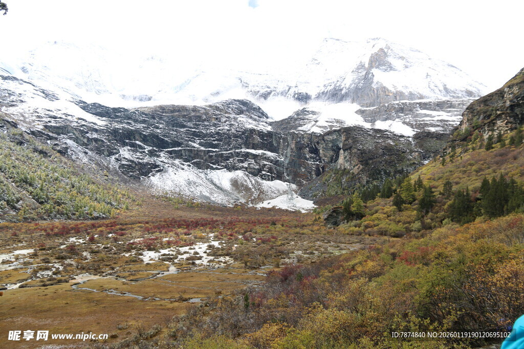 山间秋景与远处雪山