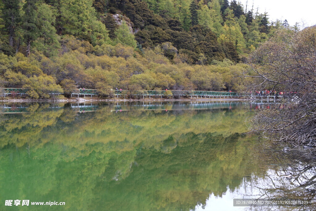 翠绿山林倒映静谧湖水