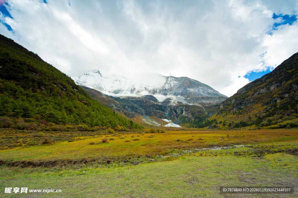 山间绿野与远处雪山美景