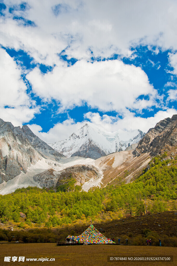 雪山下的多彩山林美景