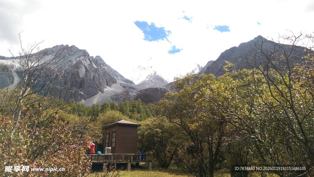 山间小屋隐于葱郁林木间