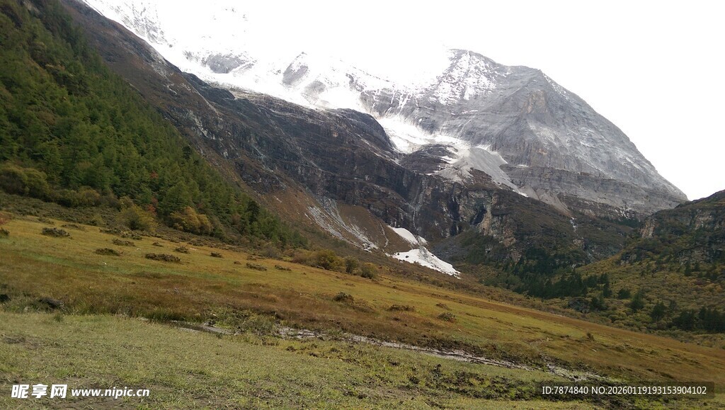 雪山下的开阔山间草地