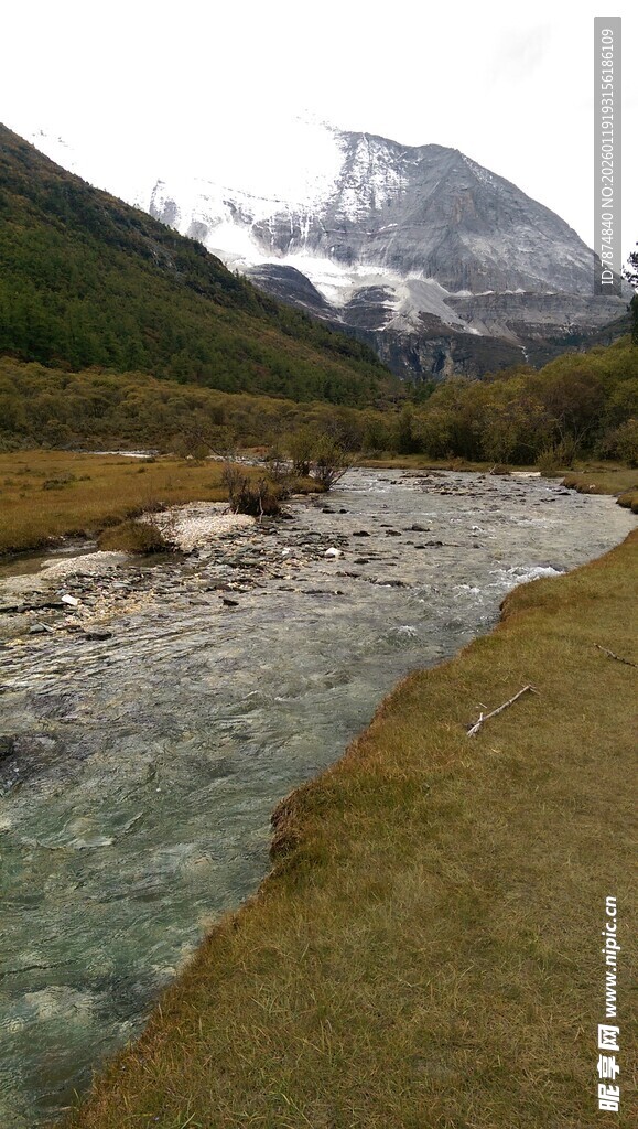 山间溪流伴远处雪山美景
