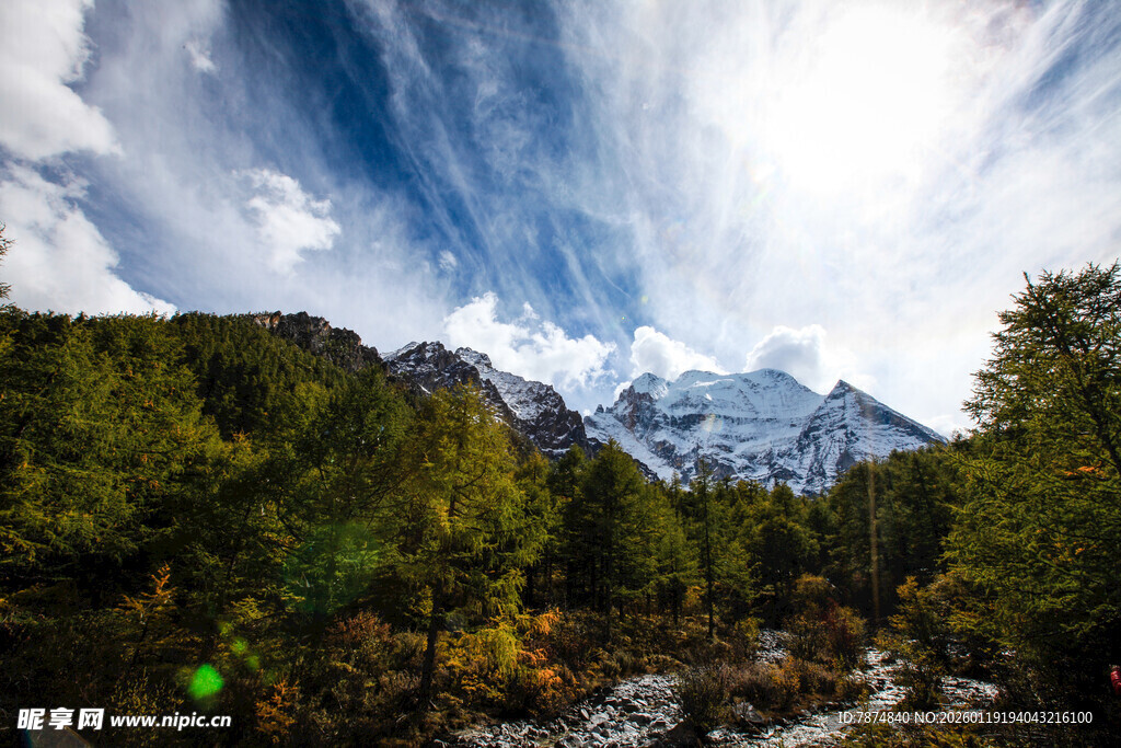 壮丽山林间的巍峨雪山