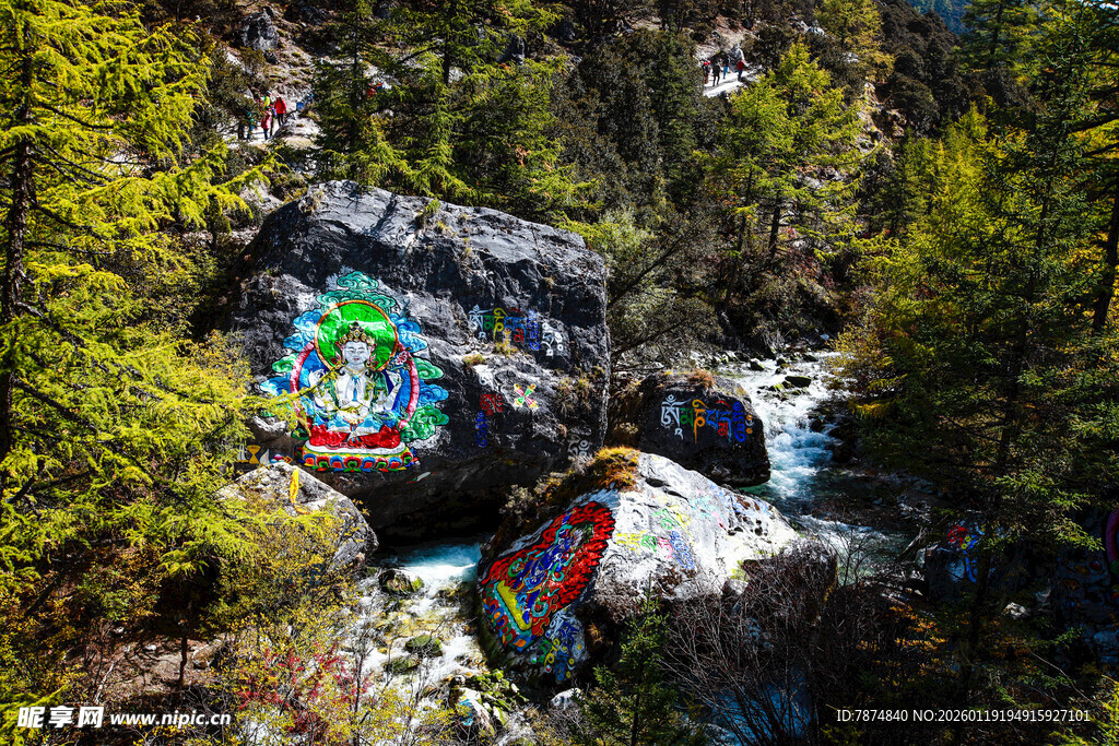 山间多彩岩石与葱郁林木