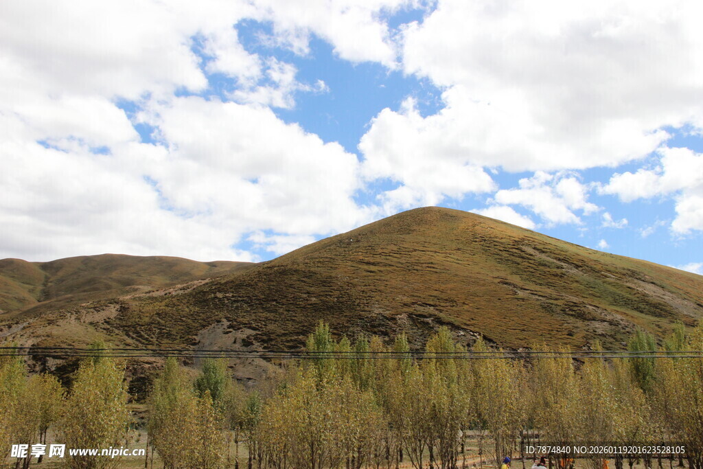 山间美景 蓝天白云映绿树